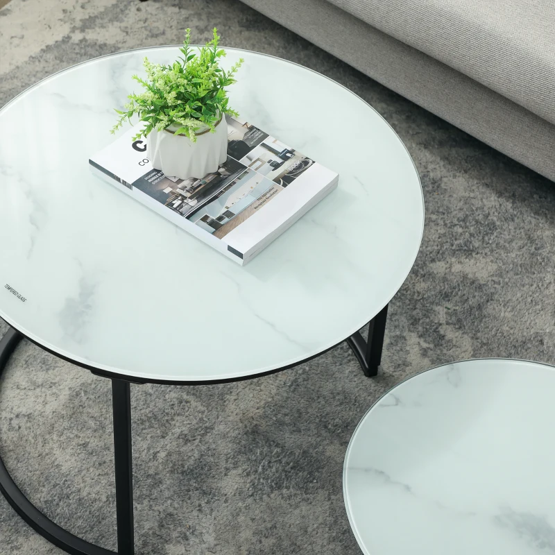 HOMCOM Glass Coffee Table Set of 2, Round Nest of Tables with Marble-Effect Tempered Glass Tabletop and Steel Frame, Modern Side Tables for Living Room, White