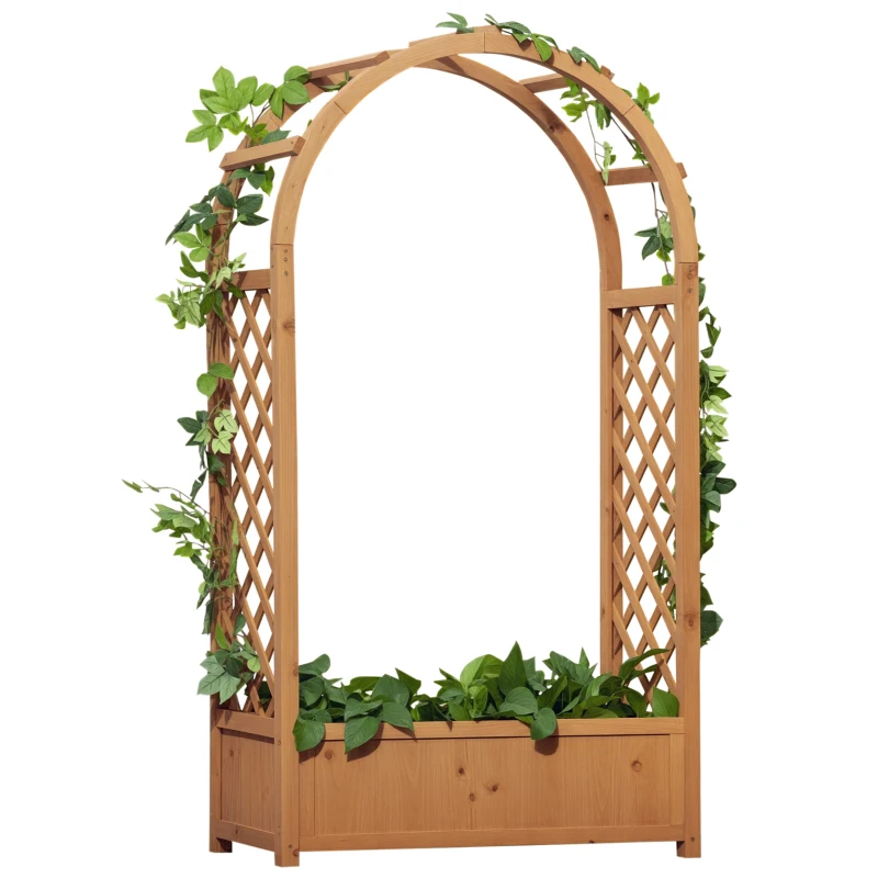 Outsunny Raised Garden Bed with Arch Trellis, Freestanding Garden Planter Box for Vine Climbing Plant Flower Herb, Brown