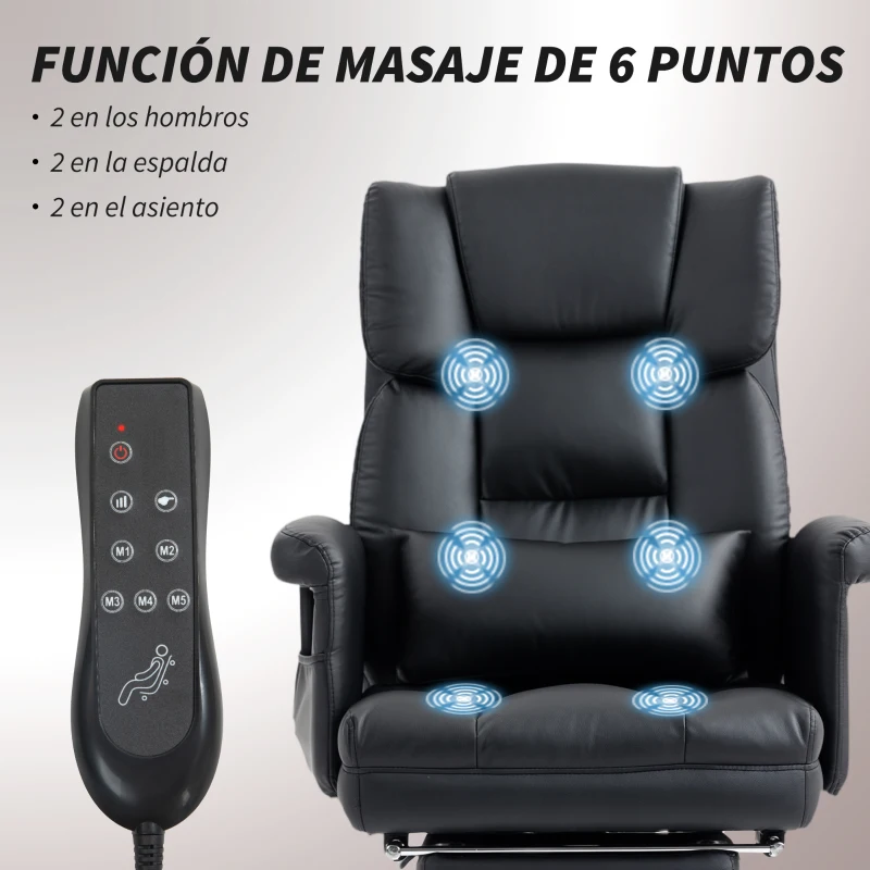 HOMCOM Silla de Oficina con 6 Puntos de Masaje Reposapiés Retráctil Altura Ajustable Control Remoto y Soporte Lumbar Negro