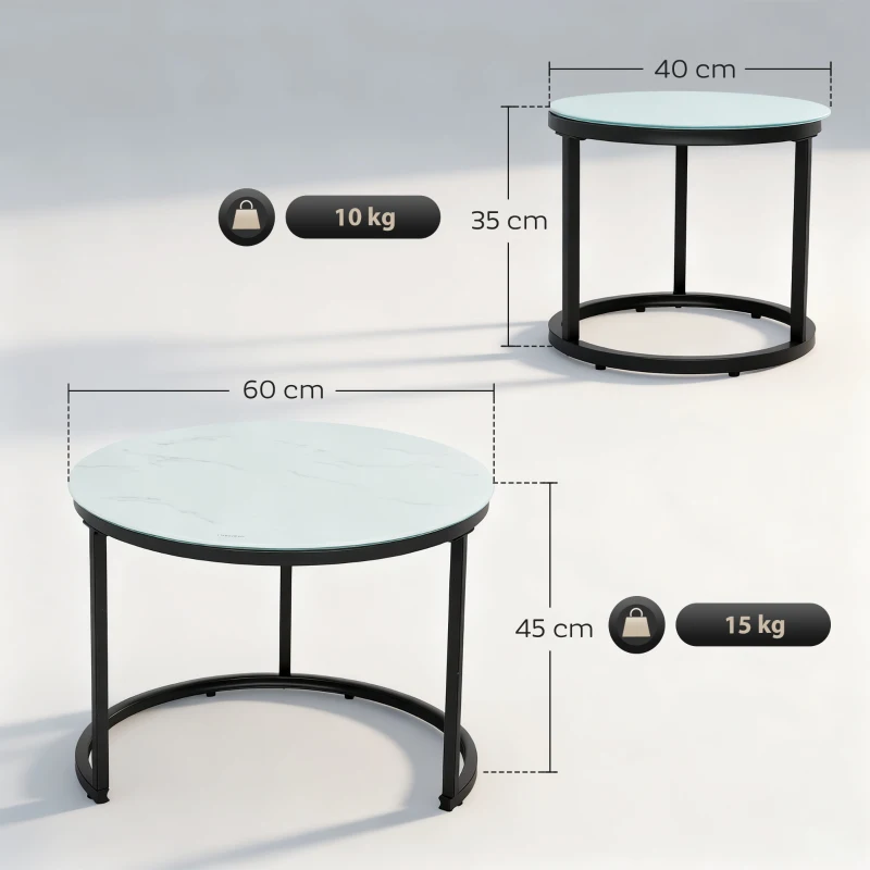 HOMCOM Glass Coffee Table Set of 2, Round Nest of Tables with Marble-Effect Tempered Glass Tabletop and Steel Frame, Modern Side Tables for Living Room, White