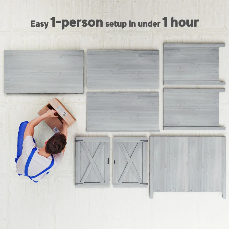 Outsunny Wooden Garden Shed, Outdoor Fir Wood Storage Shed with Shelf and Double Doors, Light Grey