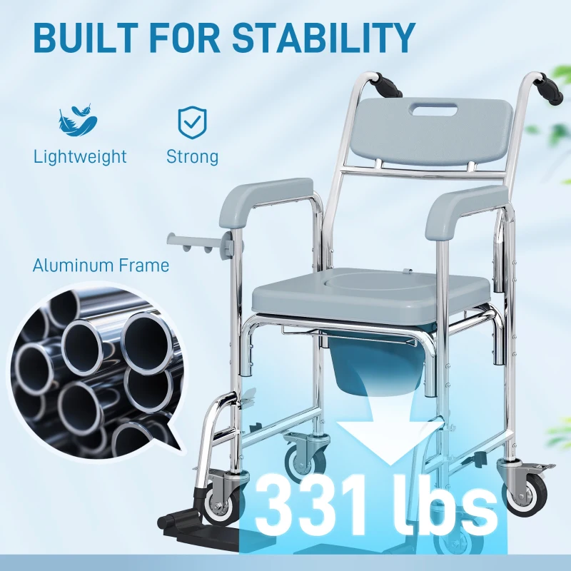 HOMCOM Rolling Shower Wheelchair for Seniors, Bedside Commode Chair with Locking Wheels, Seat, Backrest, Arms, Grey