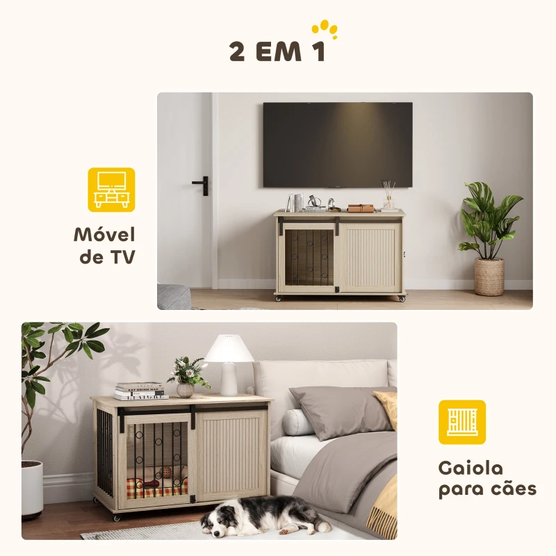 PawHut Móvel Gaiola para Cães com Rodas 2 Portas com Fecho para Cães Médios e Grandes 100x56x65 cm Carvalho