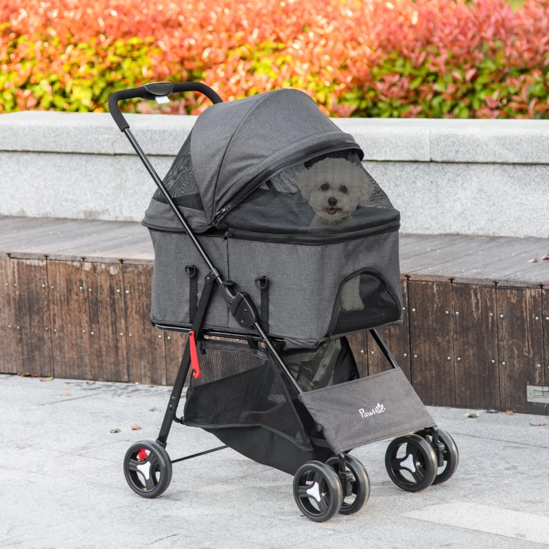 PawHut Poussette pour chiens 3 en 1 pliable panier de transport avec poignée amovible coussin 76 x 51 x 100 cm gris
