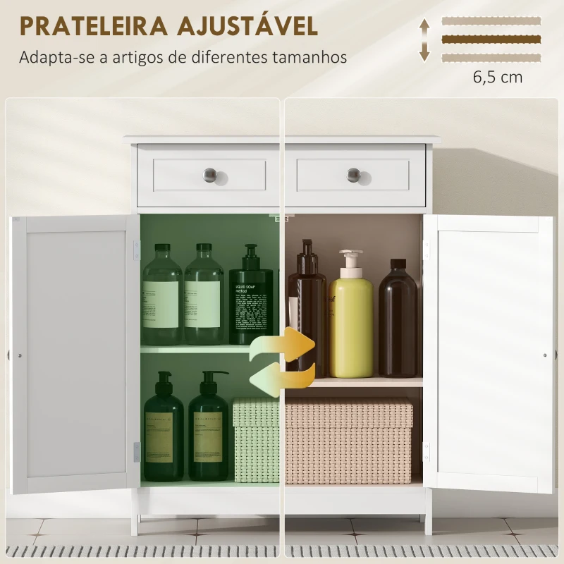kleankin Armário Auxiliar Casa de Banho com 2 Gavetas 2 Portas e Prateleira Ajustável Estilo Moderno 60x30x75cm Branco