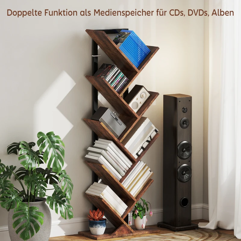 HOMCOM Bücherregal Standregal mit 9 Ebenen Schmal Regal im Baumform für Büro, Rustikal Braun