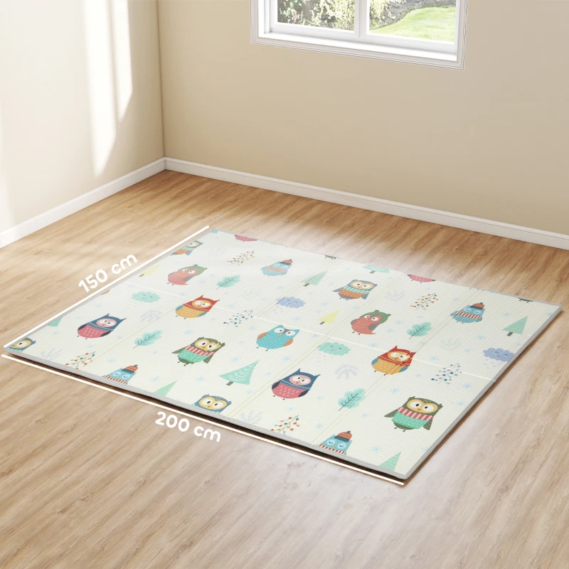 AIYAPLAY Foldable Baby Plat Mat Double Sided, Kids Floor Mat for Crawling, 200L x 150W cm, Car track and Owl Theme