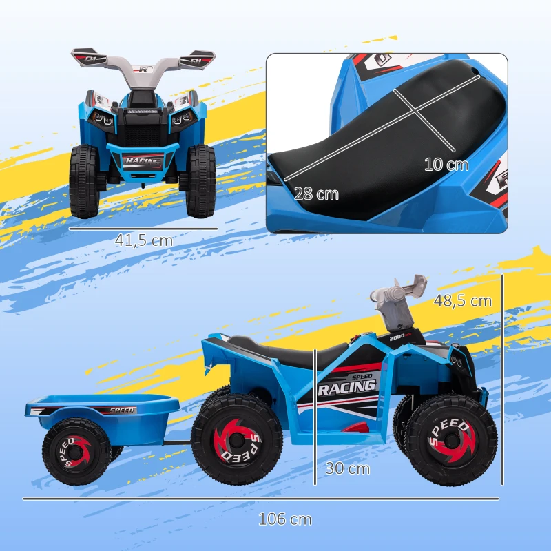 HOMCOM Quad Eléctrico para Niños con Remolque 6V Quad para Niños de 18-36 Meses con Velocidad 2,5 km/h 6 Ruedas Azul