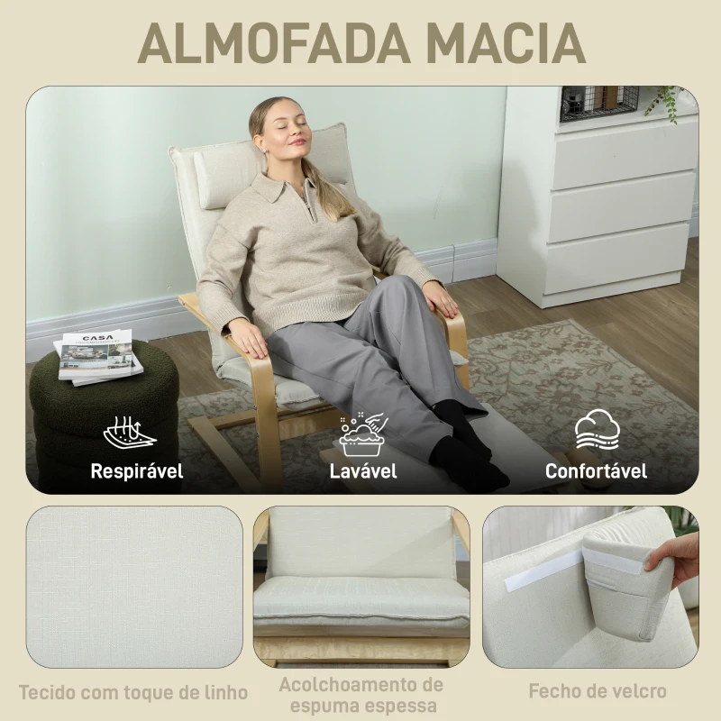 HOMCOM Poltrona com Otomano Poltrona de Leitura com Pernas de Madeira e Estofado em Linho 67x78x92 cm Creme
