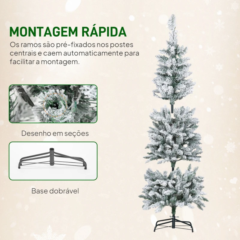 HOMCOM Árvore de Natal Estreita 180 cm Nevada com Luzes LED Bicolores 11 Modos de Iluminação 479 Ramos Suporte Metálico Verde