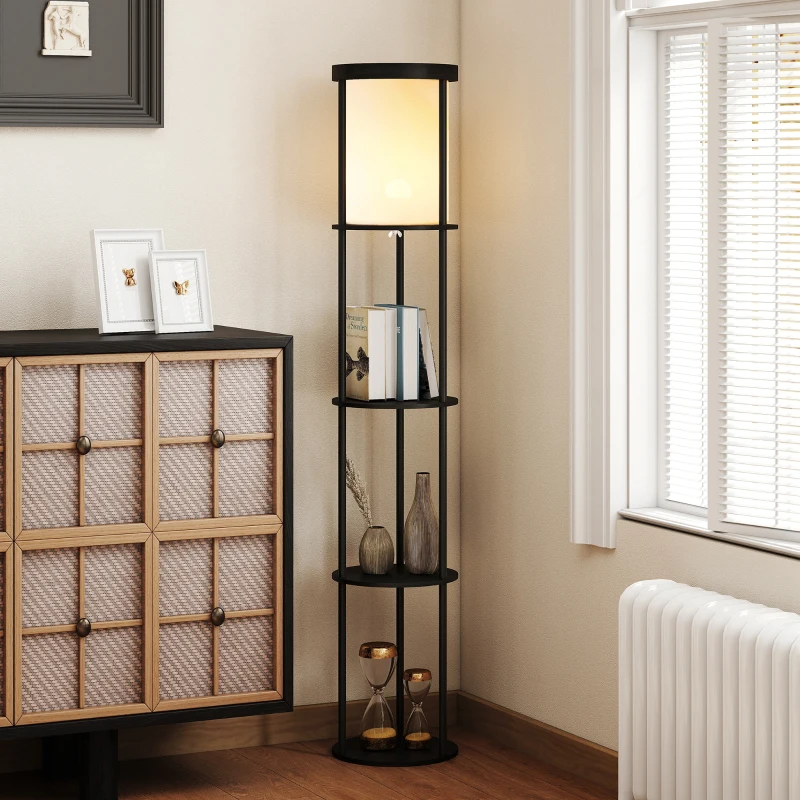 HOMCOM Stehlampe mit 3 Regalen, rundes Design, Fernbedienung, Fußschalter, verstellbare Lichtwärme, für Wohnzimmer, Schwarz