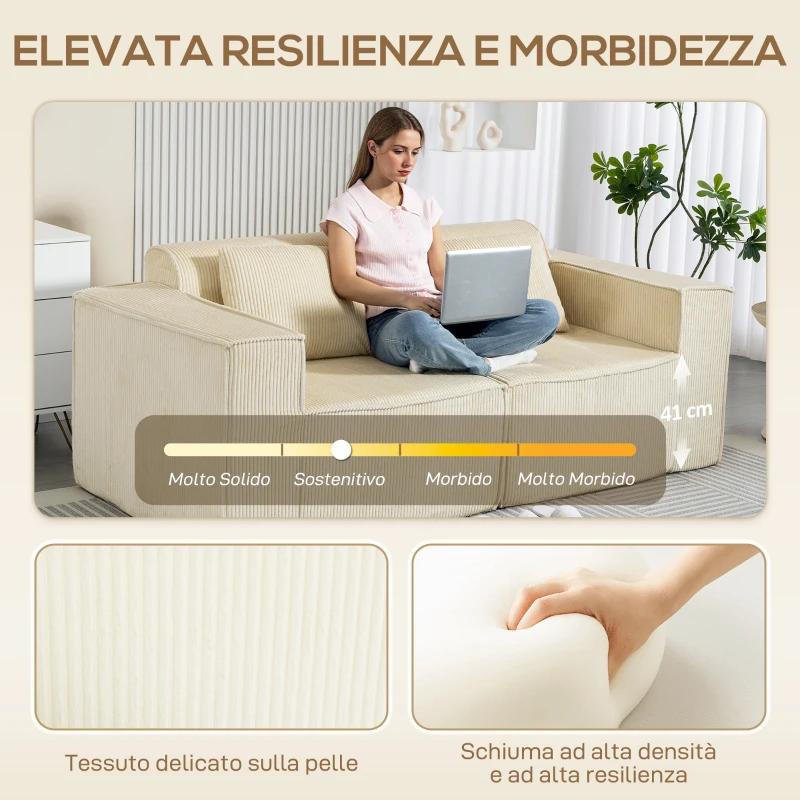 HOMCOM Divano 3 Posti Modulare con Seduta Profonda, Braccioli Larghi e 2 Cuscini in Velluto a Coste, Beige