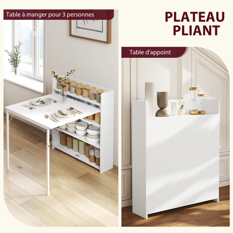 HOMCOM Table à manger pliante, table de cuisine pour 3 personnes, plateau à abattant et 4 étagères, 78,5x91x93cm, blanc(m-4)