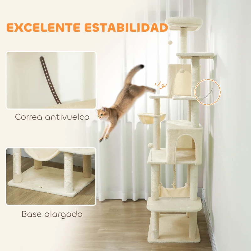 PawHut Árbol Rascador para Gatos con Plataforma Torre Escalador para Gatos con Cama Cuevas Postes de Sisal 60x48x202 cm Beige
