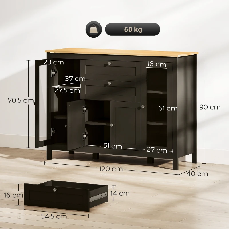 HOMCOM Buffet meuble de rangement 1 placard double porte 2 placards à porte vitrée 2 tiroirs étagère réglable 120x40x90cm noir