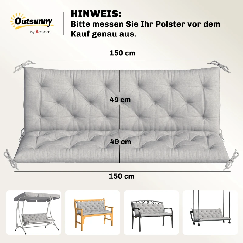 Outsunny 3 Sitzer Bankauflage 150x98x8 cm Bankkissen mit Bändern, Bankpolster für Gartenmöbel Hollywoodschaukel, Hellgrau