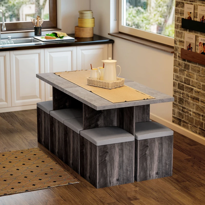 HOMCOM 5 piece Dining Set, Dining Table and 4 Storage Ottoman Stools  with Cushions, Space Saving Design, Grey