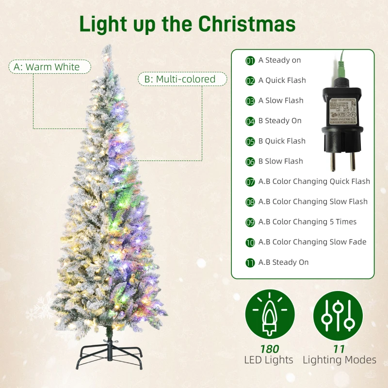 HOMCOM Brad de Crăciun Înzăpezit cu 180 de Lumini LED cu 11 Efecte și 479 de Ramuri, Ø65x180 cm, Verde și Alb