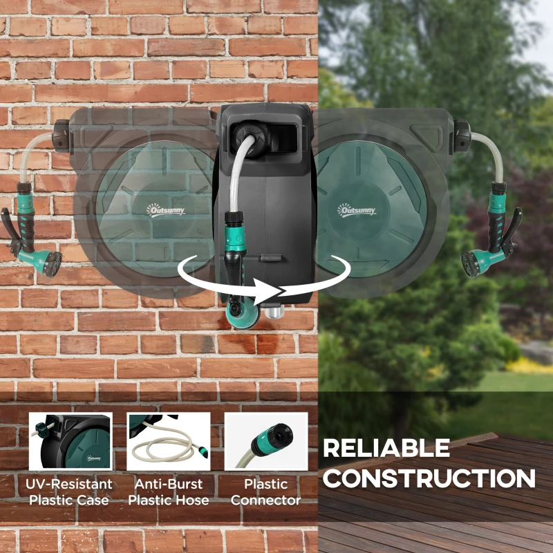 Outsunny Retractable Hose Reel Wall Mounted, 30+2m Garden Hose Pipe Reel with Lock, Auto Rewind, 7 in 1 Spray Nozzle, Includes Wall Fixings, 180° Swivel, Outdoor Watering, 59 x 23 x 42 cm, Green