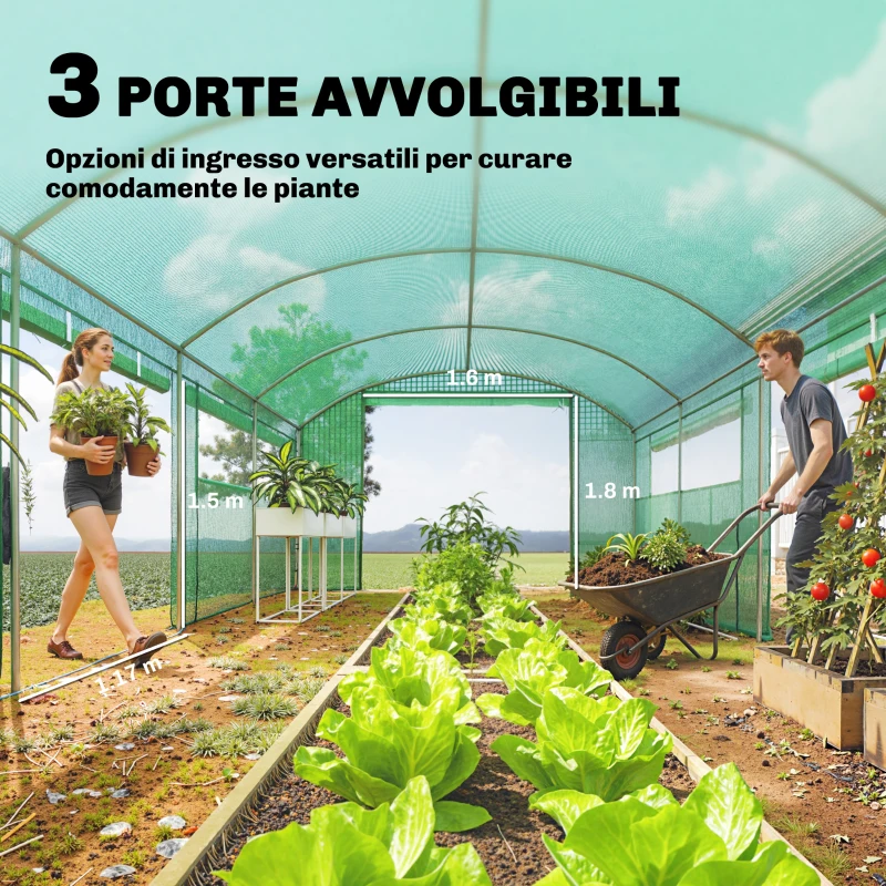 Outsunny Serra a Tunnel con 3 Porte Avvolgibili e 6 Finestrelle, in Acciaio Zincato e PE, 6x3x2 m, Verde