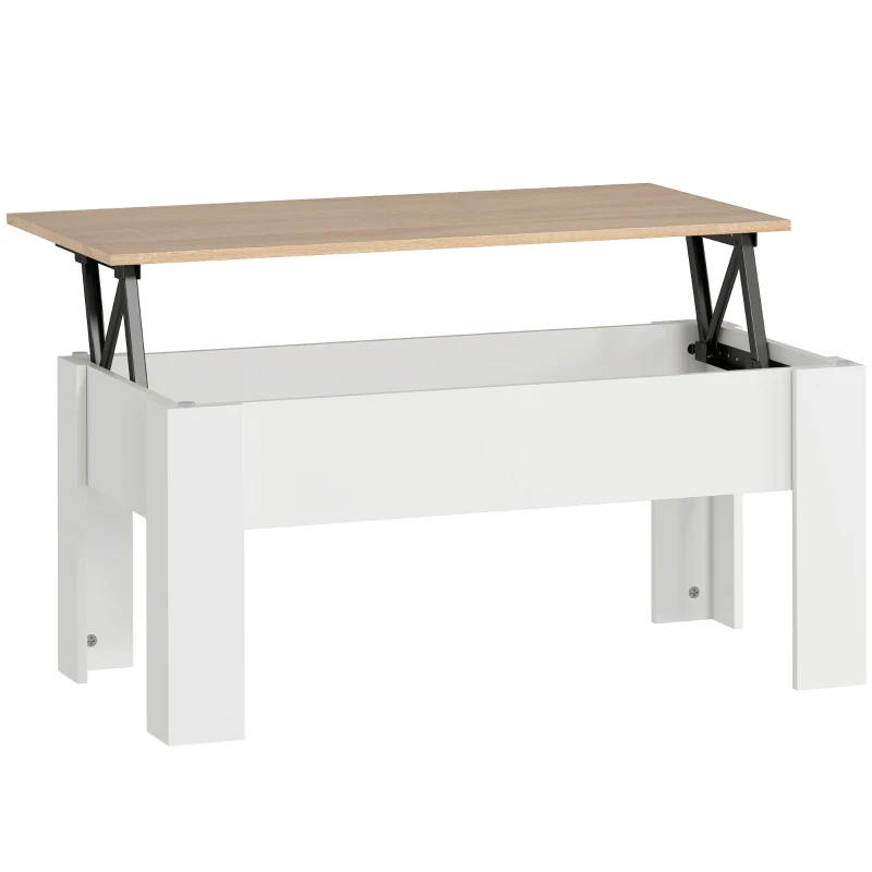 HOMCOM Mesa de Centro Elevable con Encimera Elevable con Espacio Oculto de Almacenaje 100x50x45-58,5 cm Blanco y Natural