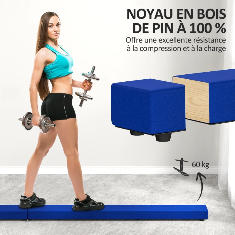 SPORTNOW Poutre gymnastique pliable 240 cm en velours, poutre d'équilibre avec fond antidérapant, pour enfants et adultes, bleu