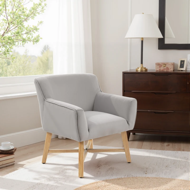 HOMCOM Butaca de Salón Tapizada en Terciopelo con Reposabrazos Acolchados y Patas de Madera Cruzadas 67x65x74 cm Gris Claro