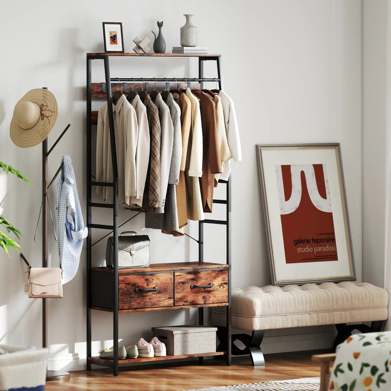 HOMCOM Garderobe mit Schuhregal, Mantelständer mit Sitzbank, 10 Haken, 2 Stoffschubladen, Kleiderstange, Spanplatte, Metall, Braun