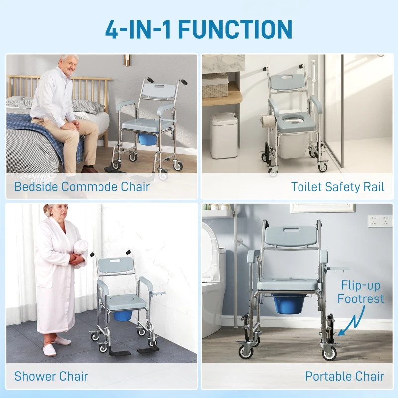 HOMCOM Rolling Shower Wheelchair for Seniors, Bedside Commode Chair with Locking Wheels, Seat, Backrest, Arms, Grey