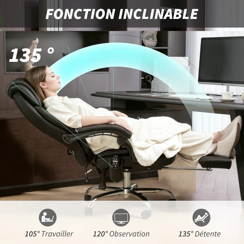 HOMCOM Fauteuil de bureau massant et chauffant chaise de bureau avec hauteur réglable dossier inclinable 67x72x111-119cm noir