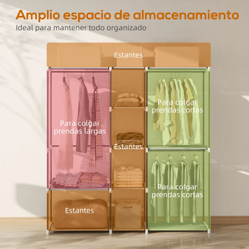 HOMCOM Armario de Ropa 182x43x185 cm Armario Abierto con 8 Estantes de Tela Barras para Colgar Marco de Metal Gris Claro