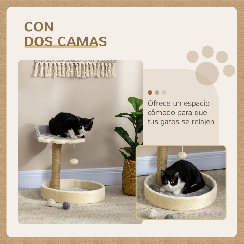 PawHut Árbol Rascador para Gatos Altura 44 cm Torre de Escalada con 2 Camas Poste de Yute, Juguete Colgante Gris Claro