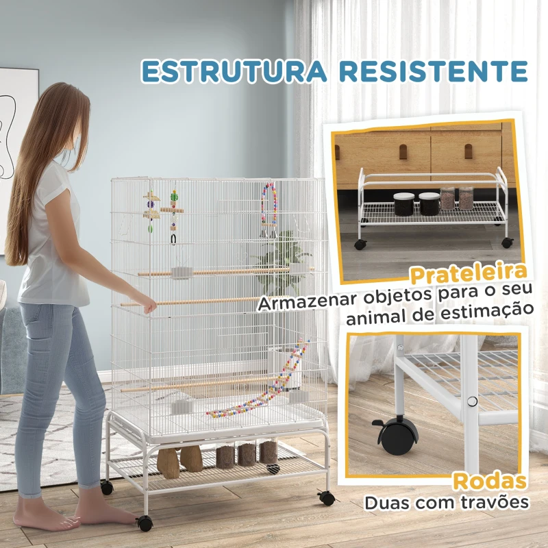 PawHut Gaiola para Pássaros com Rodas com 4 Comedouros 3 Poleiros Brinquedos Bandeja Amovível e Prateleira 79x49x133 cm Branco