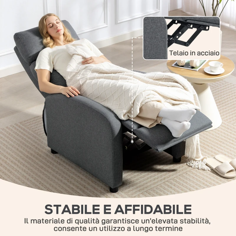 HOMCOM Poltrona Relax Imbottita e Reclinabile a 135° e Poggiapiedi in Tessuto, 69x87x100.5 cm, Grigio