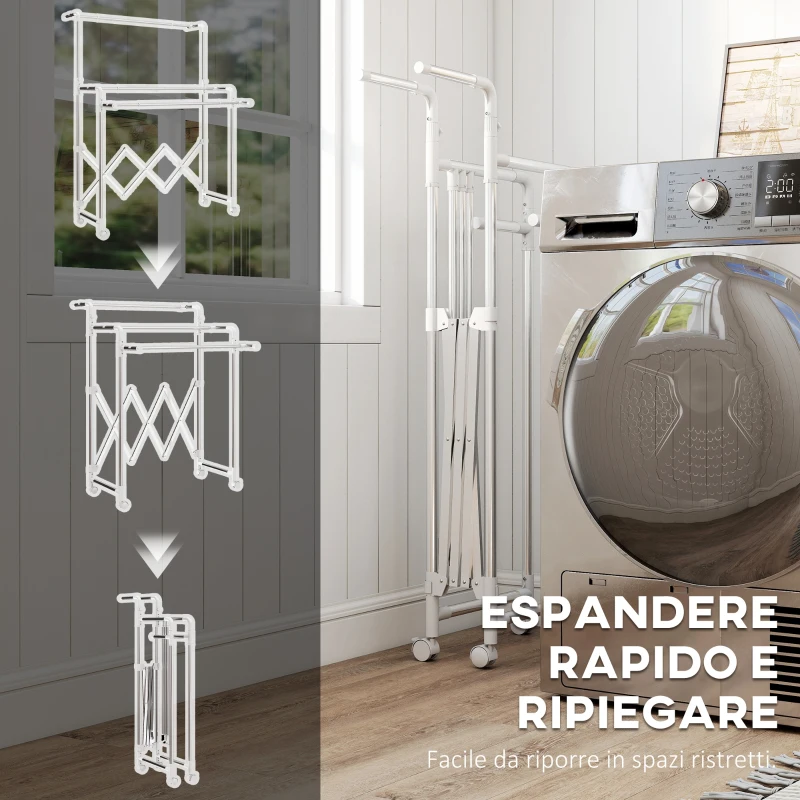 HOMCOM Stendibiancheria Pieghevole con 3 Barre Regolabili, Ruote Girevoli e Struttura in Acciaio Inox, Argento