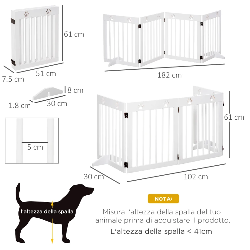 PawHut Cancellino per Cani taglia Piccola Pieghevole con Piedini Rimovibili, Cancelletto di Sicurezza in Legno di Pino, 204x30x61 cm, Bianco