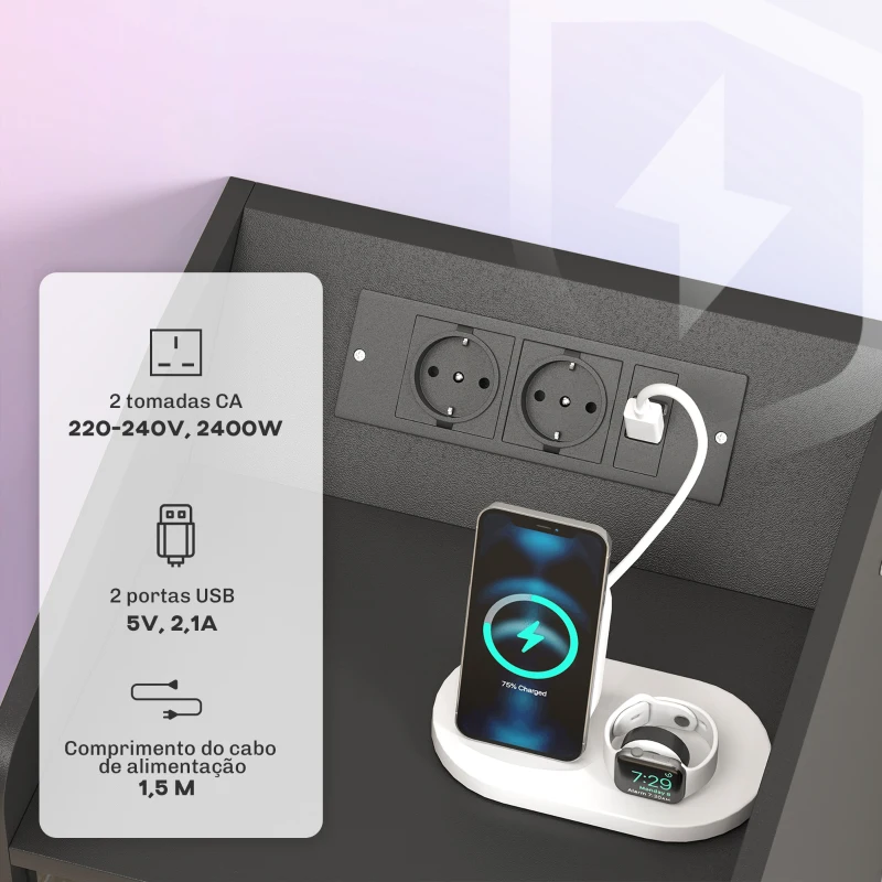 HOMCOM Mesa de Cabeceira com Luzes LED Gaveta Prateleira Estação de Carregamento Entrada USB e Controlo Remoto 40x40x58 cm Branco