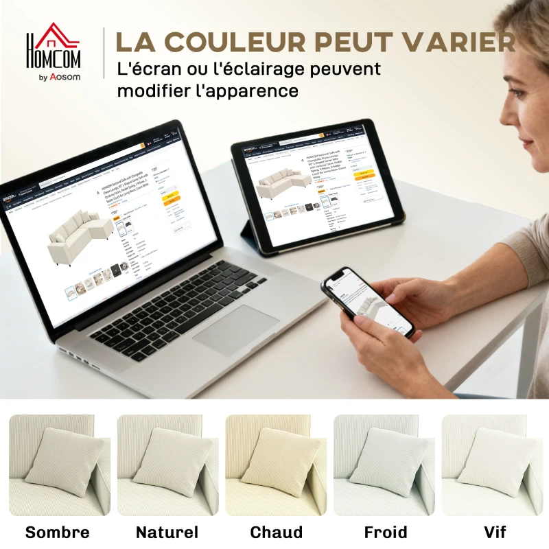 HOMCOM Canapé d'angle réversible 3 places moderne avec coussins inclus, tissu velours côtelé, crème(m-7)