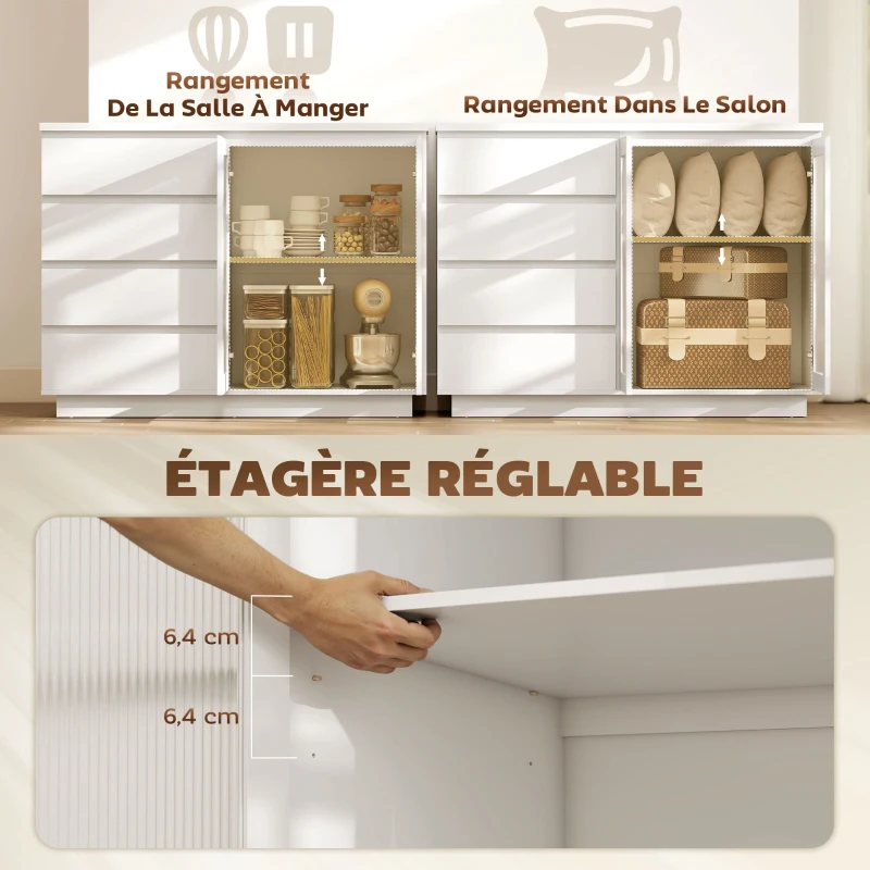 HOMCOM Buffet salon, meuble de rangement avec 4 tiroirs et 2 portes en verre trempé, étagère réglable, 120 x 40 x 91 cm, blanc
