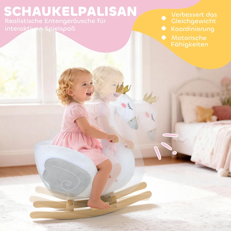 AIYAPLAY Schaukeltier, Schwan-Schaukel mit Schlaflied, weicher Füllung, Holzrahmen, für Kinder 1,5-3 Jahre, 65x40x68 cm, Weiß