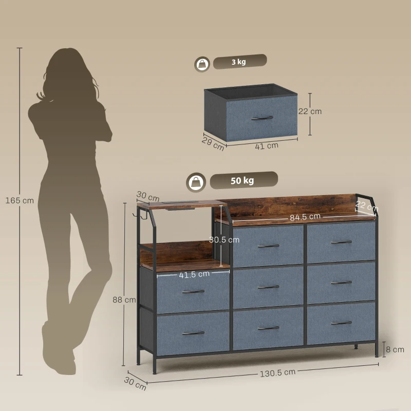 HOMCOM Chest of Eight Drawers, with Charging Station - Brown/Black