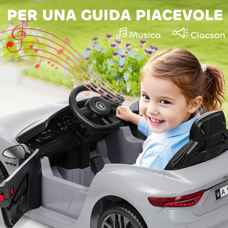AIYAPLAY Macchina per Bambini 12V Maserati Gran Turismo Folgore con Telecomando, Età 3-5 Anni, Grigio