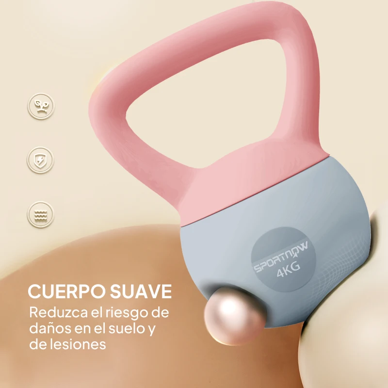 SPORTNOW Pesa Rusa 4 kg Kettlebell Relleno de Arena Metálica y Mango Antideslizante para Entreno en Casa 19x15x25 cm Rosa y Gris