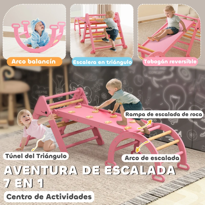 AIYAPLAY 7 en 1 Triángulo de Escalada Montessori de Madera Plegable con Arco y Rampa para Niños de 18-48 Meses 188x70 cm Rosa