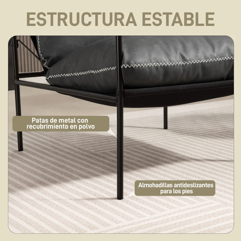 HOMCOM Butaca de Salón Moderna Sillón de Lectura Tapizado en Cuero Sintético Fundas de Cojines Extraíbles Gris Carbón