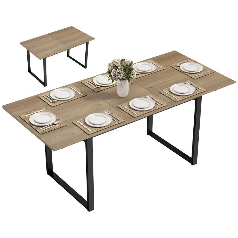 HOMCOM Uitschuifbare eettafel voor 6-8 personen, 140-180 cm, rechthoekige keukentafel met stalen onderstel, naturel hout+zwart