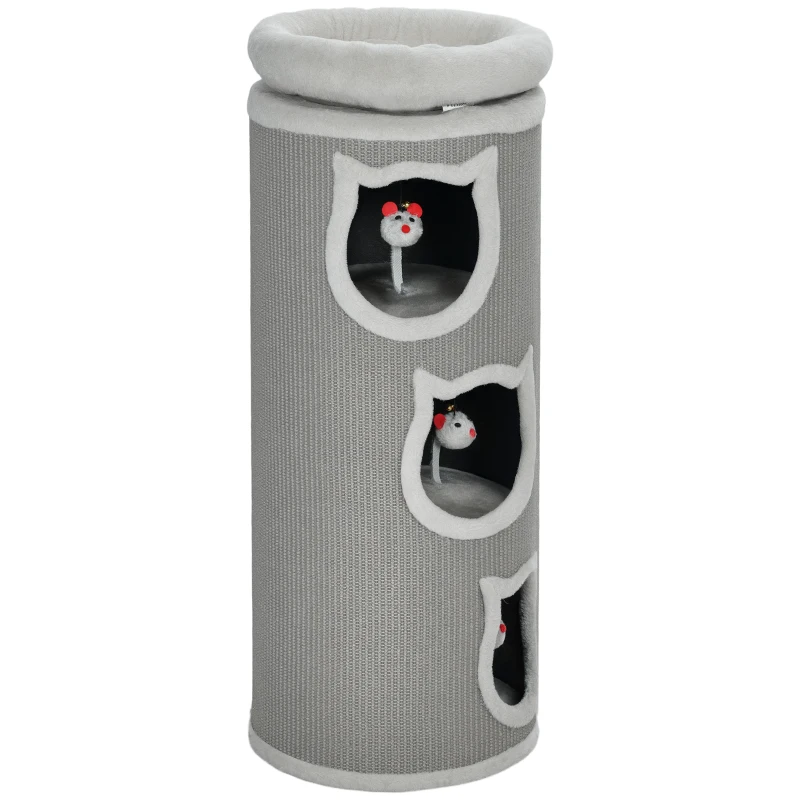 PawHut Katzenkratzfass, 96 cm, 4-Ebenen-Katzenturm mit waschbarem Bett, 3 Schlafhöhlen, Hängespielzeug, für mehrere Katzen Grau