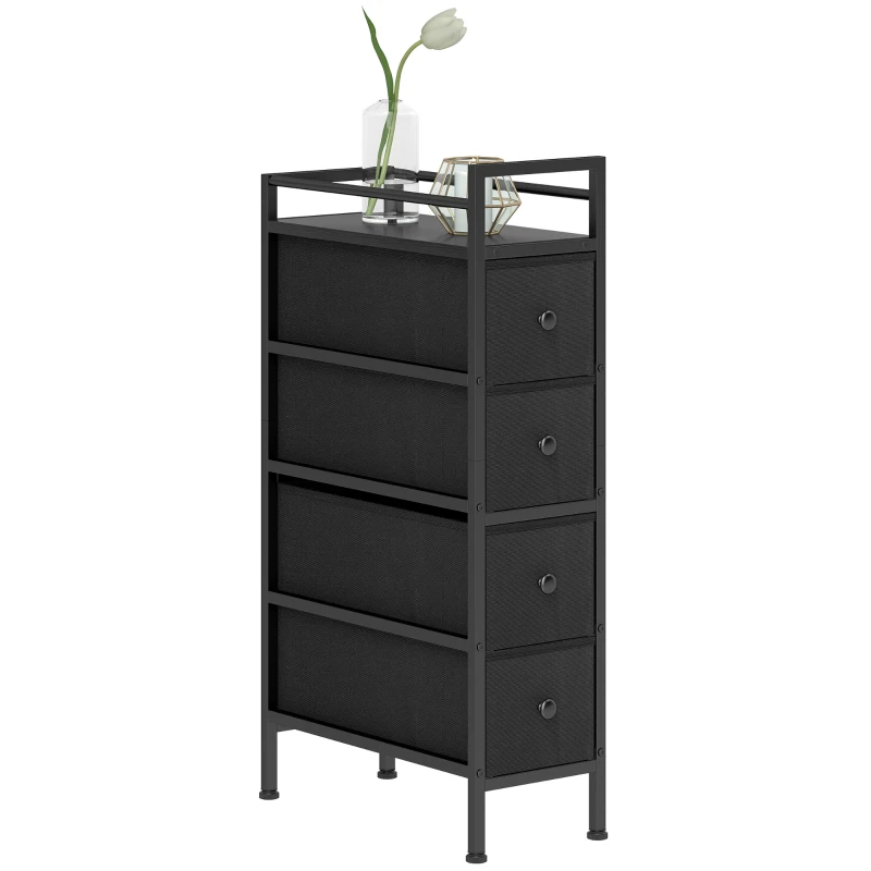 HOMCOM Cômoda Armário com 4 Gavetas em Tecido Não Tecido Armário de Arrumação com Estrutura de Aço, 20cm x 43cm x 81,5cm, Preto