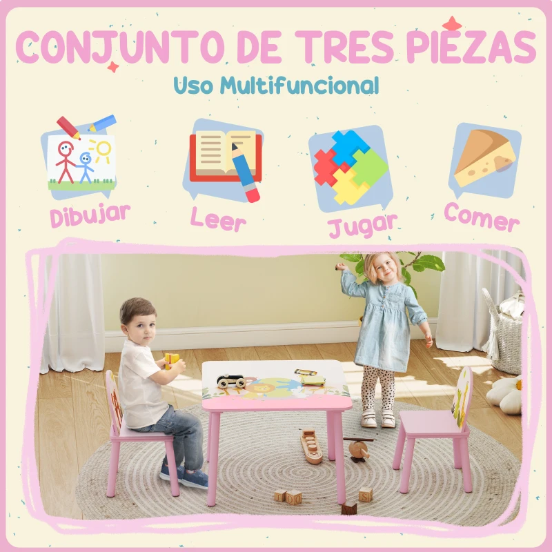 AIYAPLAY Mesa Infantil con 2 Sillas Mesa y Sillas Infantil con Estampados de Animales para Niños y Niñas de 3-8 Años Rosa