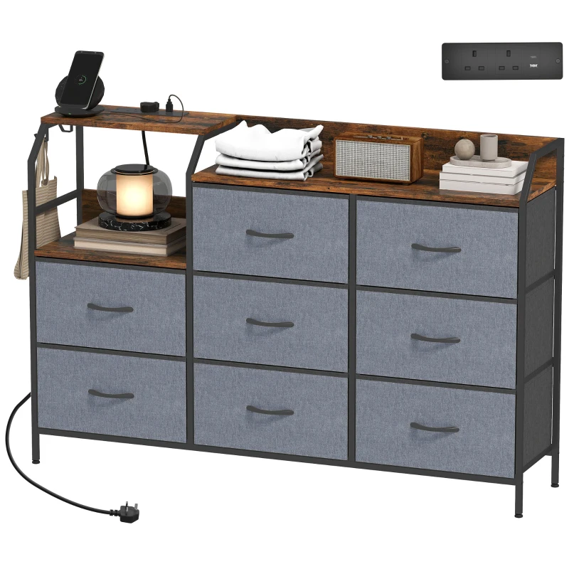HOMCOM Chest of Eight Drawers, with Charging Station - Brown/Black